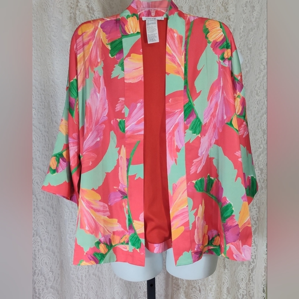 Chico's Jacket Cardigan Kimono Red Orange Aqua Splash